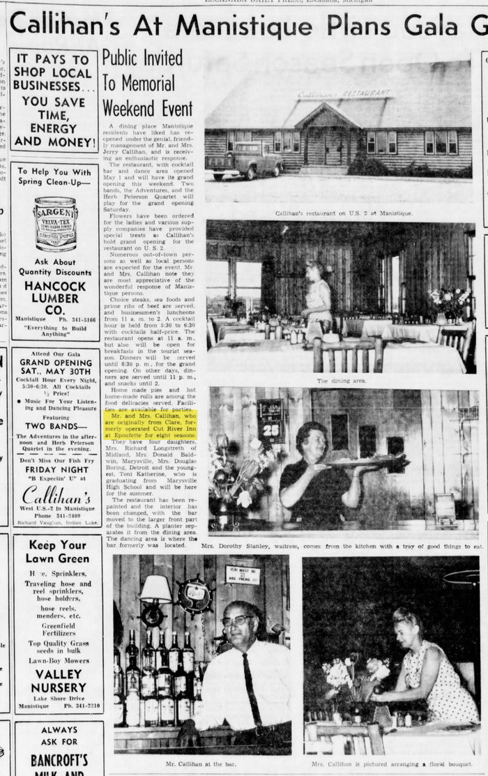 Cut River Inn (Fishers Bar and Restaurant, Callihans) - May 29 1964 Article